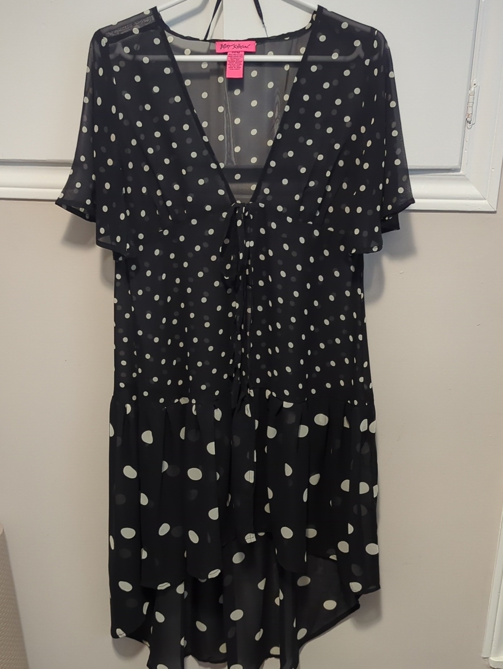 Betsey Johnson Black and White Polka Dot Sheer Tie-Front Wrap